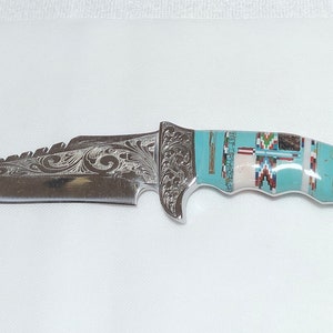 Southwestern Inlay Knife with Leather Sheath - Turquoise Inlay with Multi Stones - Stainless Steel Knife