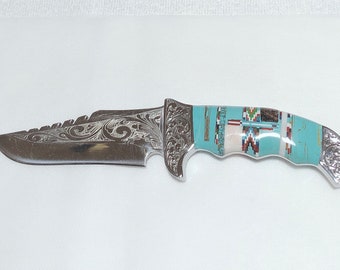 Southwestern Inlay Knife with Leather Sheath - Turquoise Inlay with Multi Stones - Stainless Steal Knife