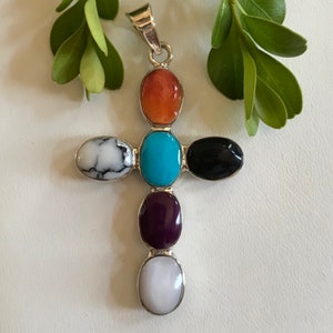 Double Sided Cross Pendant - Blue Turquoise, Purple Turquoise, Black Onyx, Spiny Oyster, MOP and White Buffalo Pendant Sterling Silver