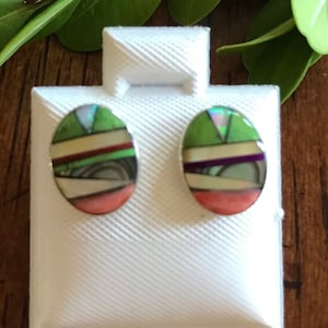 Multicolor Oval Shape - Inlay Turquoise and Abalone, Spiny Oyster - Sugilite - Opal - Mop Stones - Sterling Silver Post Earrings 8x10mm