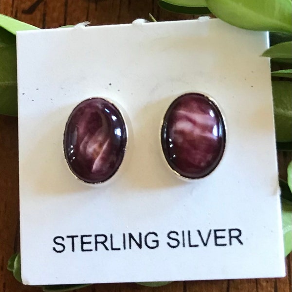 6x8mm Spiny Oyster Oval Stud Earrings - Purple Spiny Oyster Sterling Silver Post Earrings