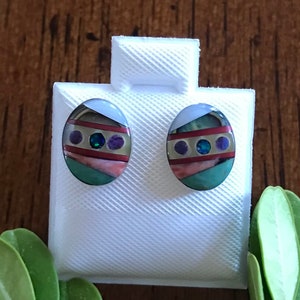 Multi Color Oval Shape - Inlay Turquoise Sterling Silver Post Earrings 8x10mm