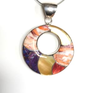 Multicolor Round Shape Pendant with Sugilite, Mother of Pearl and Spiny Oyster Stones - Pendant Sterling Silver - Pendant for Necklace