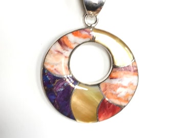 Multicolor Round Shape Pendant with Sugilite, Mother of Pearl and Spiny Oyster Stones - Pendant Sterling Silver - Pendant for Necklace