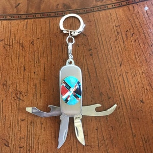 Turquoise Inlay Double Side with Multi Stones Pocket Keychain - Key Ring with Many Functions Pocket Tool - Stainless Steel Pocket Keychain