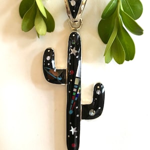 Southwest Cactus Pendant - Inlay Pendant For Necklace - Inlay Multicolor with Blue-Green Turquoise, MOP, Black Onyx and Red Coral