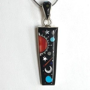 Multicolor Night Sky Galaxy Moon Stars Pendant - Inlay Pendant For Necklace - Inlay with Turquoise, MOP, Black Onyx, Spiny Oyster, Sugilite