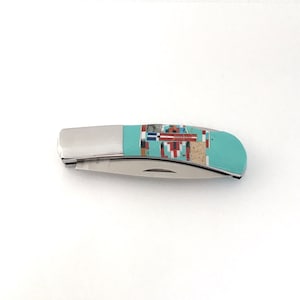 Southwestern Inlay Pocket Knife - Turquoise Inlay with Multi Stones Knife - Stainless Steel Knife