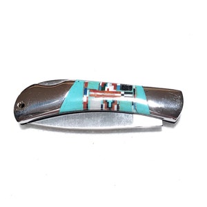 Southwestern Inlay Pocket Knife - Turquoise Inlay with Multi Stones Knife - Stainless Steel Knife