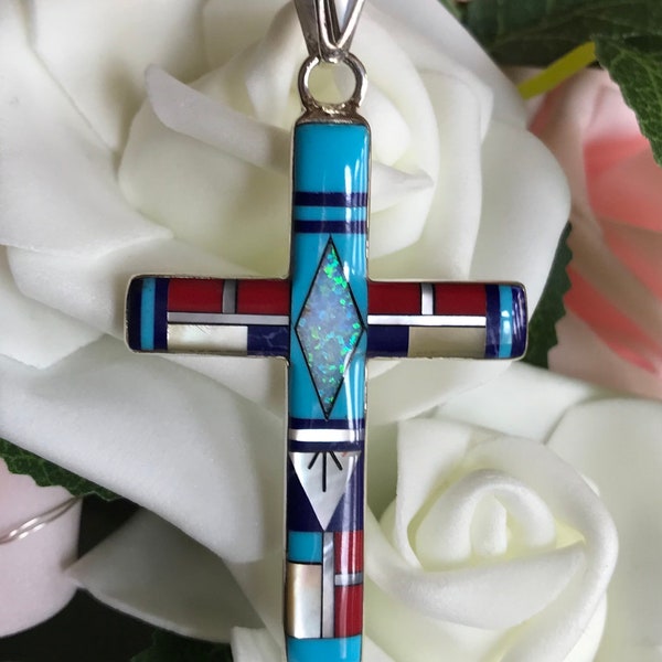 Turquoise Inlay Cross Pendant for Necklace - Multi Gemstone Micro Inlayed Pendant - Multi Gemstone Handcrafted Pendant Sterling Silver