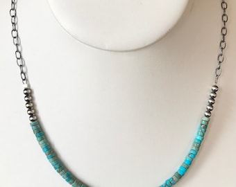 Turquoise Heishi-ketting - natuurlijke blauwe turkoois Heishi, zilveren kralen 4 mm en ketting - Sterlingzilveren ketting 18 inch