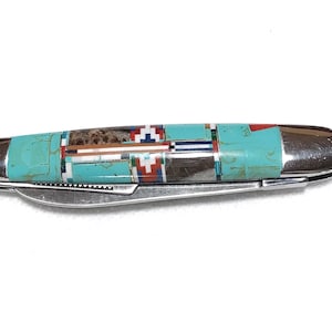 Three Bladed Turquoise Inlay Knife - Southwestern Inlay Pocket Knife - Turquoise Inlay with Multi Stones Knife - Stainless Steel Knife
