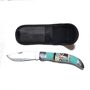 Southwestern Inlay Turquoise Pocket Knife with Black Sheath - Multicolor Inlay Stone - Stainless Steel Knife