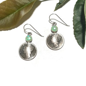 Liberty One Dime Hook Earrings - 6mm Green Opal Dangle Earrings - Five Cent Coin Sterling Silver Drop Earrings