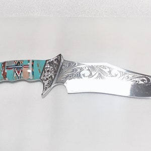 Southwestern Inlay Knife with Leather Sheath - Turquoise Inlay with Multi Stones - Stainless Steel Knife