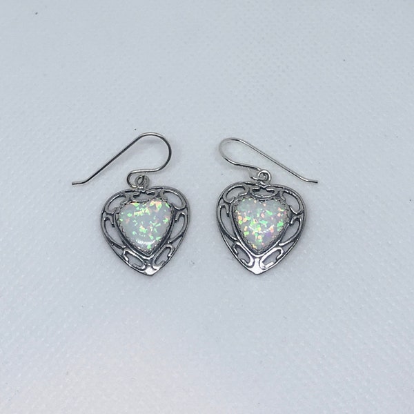 10x10mm White Opal Heart Shape Earrings  - Opal Sterling Silver Dangle and Drop Earrings - French Hook Earrings