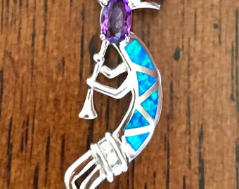 Ciondolo Kokopelli in ametista, tanzanite e opale blu scuro - Ciondolo Kokopelli in argento sterling