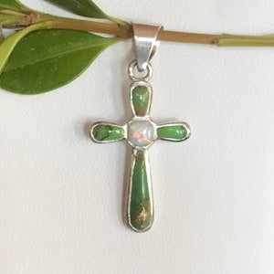 Green Turquoise Cross Pendant Sterling Silver - Turquoise with 4mm White Opal Center Cross Pendant - Little Pendant for Necklace