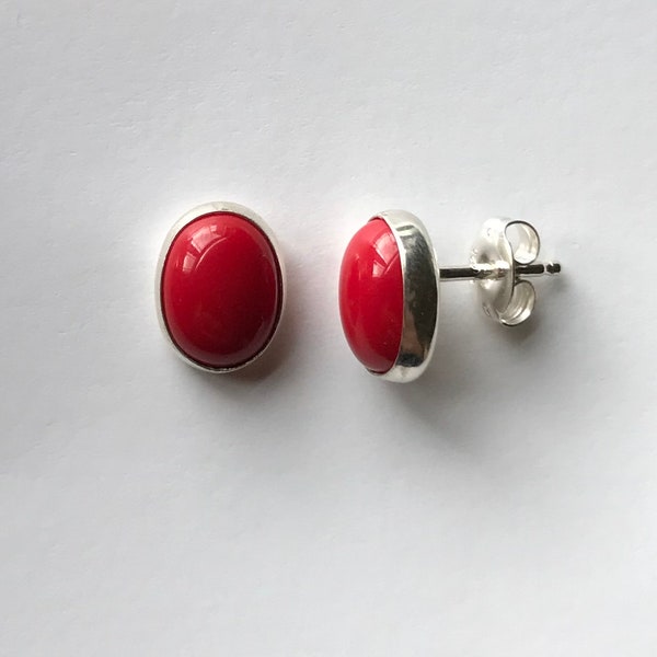 Red Coral Oval Shape Stud Earrings - Coral Post Earrings 7x9mm