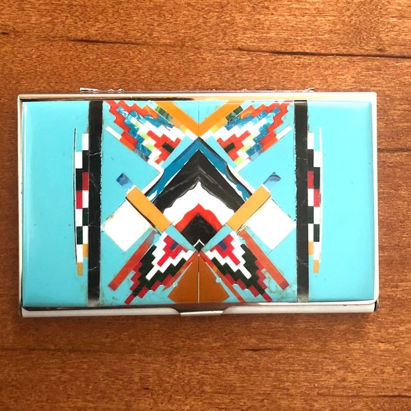 Southwestern Turquoise Inlay Card Holder - Multicolor Inlay Stones Business Card Holder - Sterling Silver
