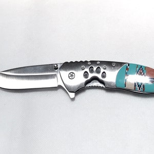 Turquoise Inlay Pocket Knife - Multicolor Inlay Stone - Stainless Steel Knife