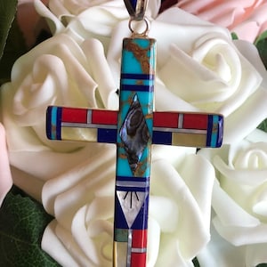 Turquoise Inlay Cross Pendant - Multicolor Cross Pendant Sterling Silver - Blue Turquoise, Black Onyx, Lapis, MOP, Coral Cross Pendant