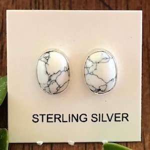 White Buffalo Stud Earrings - Turquoise Oval Sterling Silver Post Earrings 6x8mm, 7x9mm