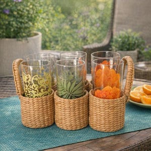 Puede incluir: Un juego de seis vasos transparentes con diseños decorativos, sostenidos en soportes de mimbre tejido. Algunos vasos contienen flores naranjas. Los vasos están sobre un camino de mesa azul, con un fondo borroso al aire libre.