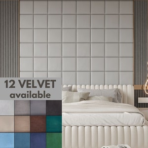 Puede incluir: Una cabecera capitoné blanca con un marco de cama blanco y ropa de cama blanca. La cabecera está hecha de un material suave y acolchado y tiene un diseño acolchado. La cama está decorada con dos almohadas, una con un patrón gris y blanco y la otra de color gris sólido. La cabecera está contra una pared con un papel tapiz estampado en gris y blanco. El texto "12 VELVET available" se muestra debajo de la imagen. Una muestra de 12 colores diferentes de tela de terciopelo se muestra debajo del texto.