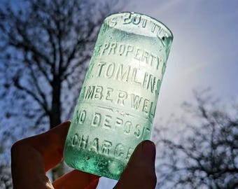 Aqua upcycled antique bottle - W. TOMLINS • CAMBERWELL / beaker / desk tidy / candle or trinket holder / si-finds
