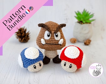 CROCHET PATTERN BUNDLE - Goomba & Mario bros mushrooms - Pdf file - English, French