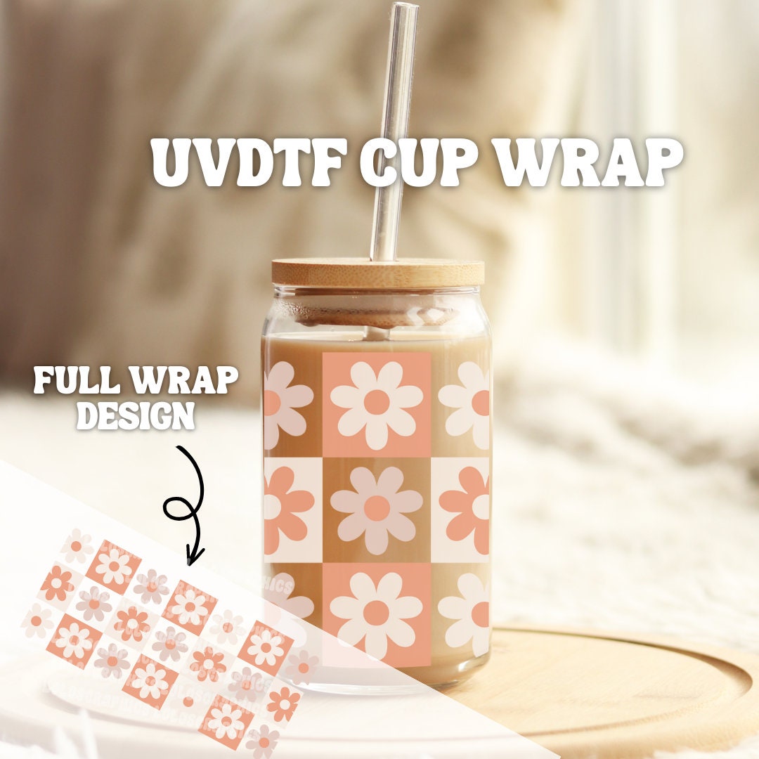 Boho Flower Retro Checkered UV DTF Libbey 16oz Cup Wrap Sticker UVDTF  Libbey Cup Wrap 