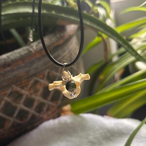 Real Bone Necklace -  Groundhog Vertebrae with Moss Agate and Leather Cord - Ethically Sourced