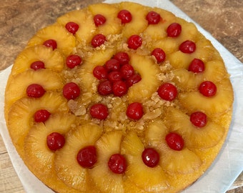 Pineapple Upside Down Cake, Old Fashioned Cake, 10 inch cake, Maraschino Cherries. Free Shipping