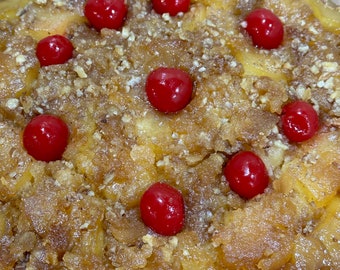 Pineapple Rum Liqueur Upside Down Cake, Rum Cake, Pineapple Upside Down Cake, Rum Pecan Pineapple Cake,Maraschino Cherries,