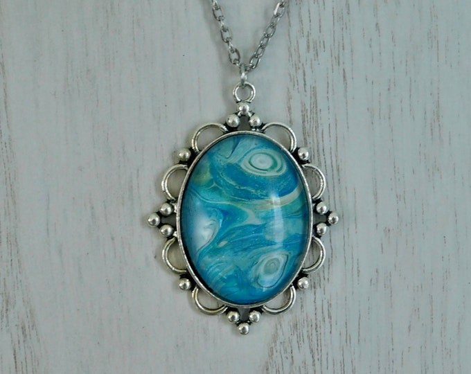 DISCOUNTS for multiple purchases! Blue Poured Paint Oval Pendant Silver chain