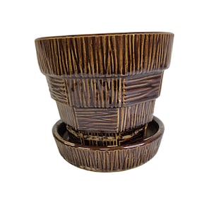 Vintage Dark Brown McCoy Pottery Planter Basin Faux Wood Pattern USA Mid-Century