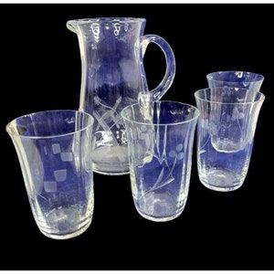 Vintage Etched Elegant Glass Hand Blown Juice Pitcher Cocktail Set Barware 5 pc