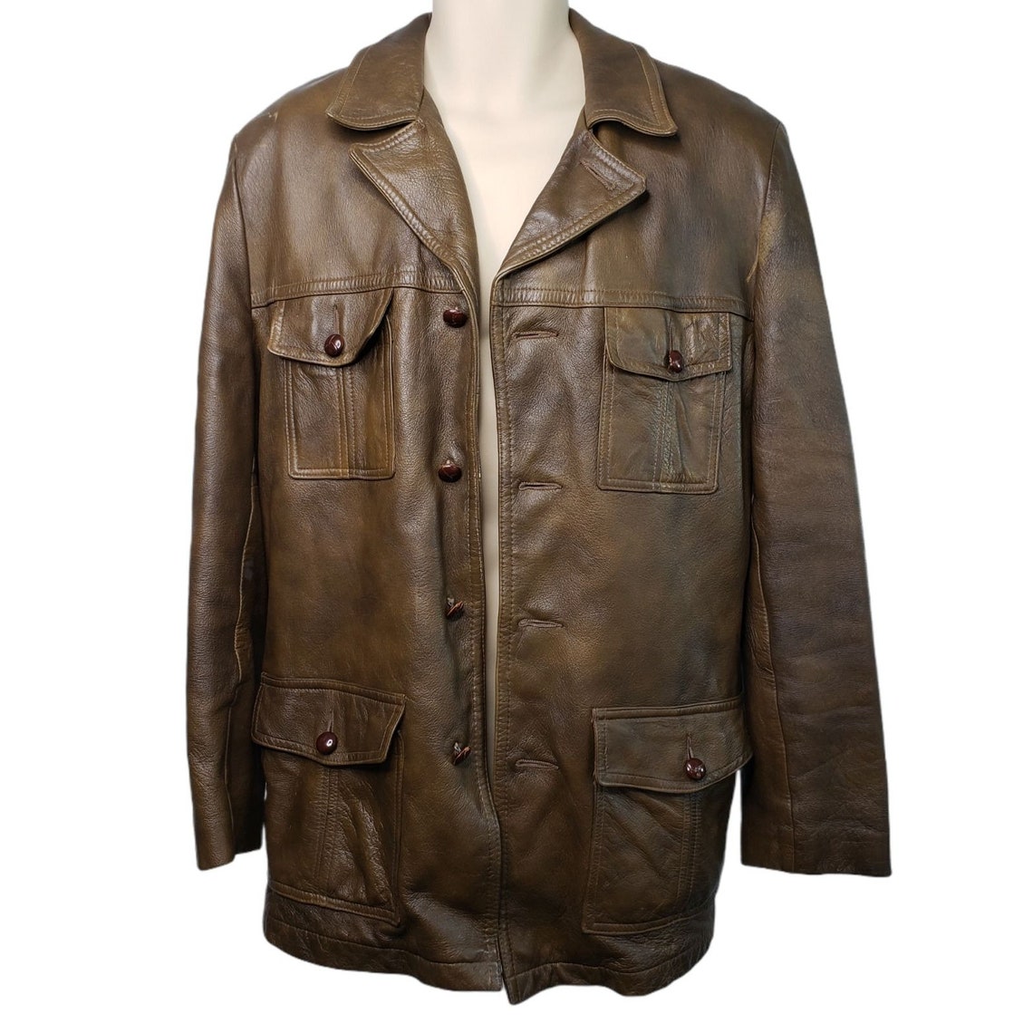 Veste En Cuir Vintage Homme Grais - Taille 40 (M) - Cuir Cabretta Années 70 - Occasion Très Bon état