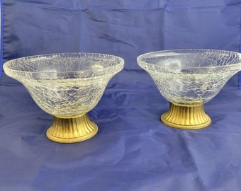 Pair Vintage Crackled Glass & Brass Footed Bowls Decorative Console Table India