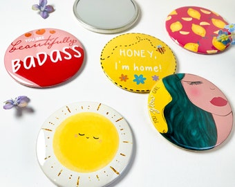 Illustrated Pocket Mirror / Cute Round Mirror / Compact Cosmetic /  Positive / Hand Mirror / Badge Enamel Pin / Gift For Her / Mirror Makeup