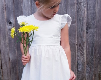 Robe blanche de fille de fleur, robe d'arc de 1er anniversaire, robes de bébé fille, robe de Pâques, robe d'enfant en bas âge à volants, coupe de mariage de plage et robe évasée