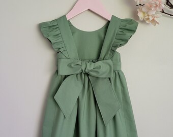 Sage flower girl dress, green baby girl dresses, birthday girl party dress, ruffle sleeve bow dress, boho little girl dresses, toddler dress