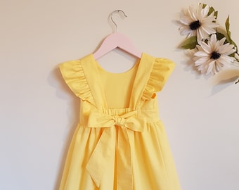 Yellow little girl party dress, bow dress, girl birthday dress, ruffle dress, flower girl dress, baby girl dresses, handmade toddler dress