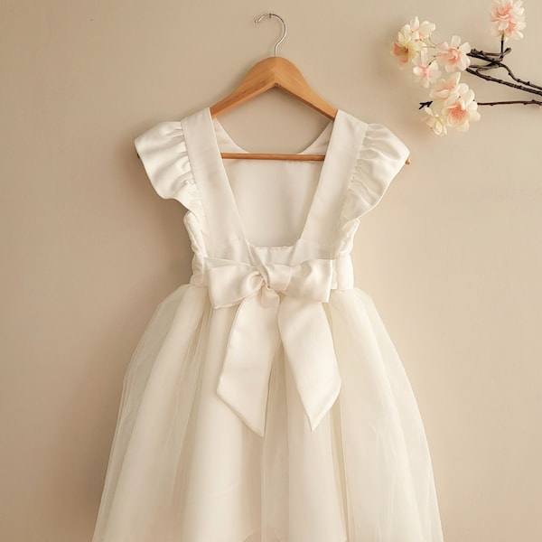 Robe de demoiselle d'honneur blanche, robe de petite fille en tulle, déguisements, mariage blanc de bébé, nœud dans le dos, robe formelle pour tout-petit, premier anniversaire