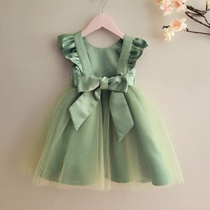 Sage Tulle Flower Girl Dress: Back Bow, Ruffle Sleeve