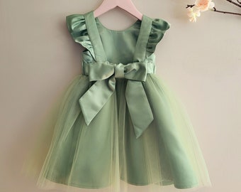 Sage tulle flower girl dress, boho wedding, little girl back bow dress, birthday girl party dress, pageant baby girl dresses, ruffle sleeve