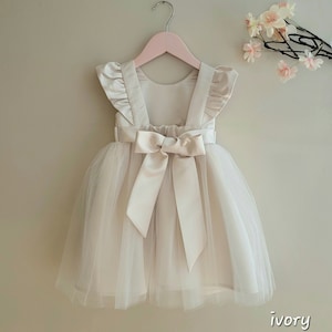 Ivory Tulle Flower Girl Dress, Back Bow, Satin Lined