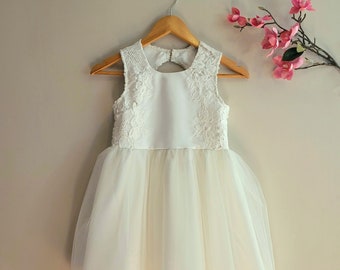 Little girl off white dress, open back lace dress, baby wedding dress, flower girl dress, tulle party toddler dress, first birthday dress