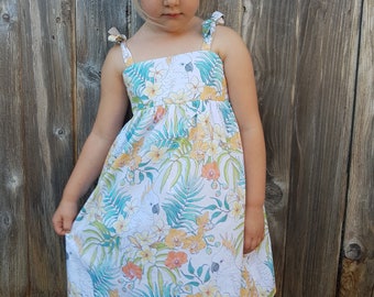 Little girl tropical dress, toddler jumper dress, floral shoulder tie dress, boho girls dress, nature bird dress, handmade baby casual dress